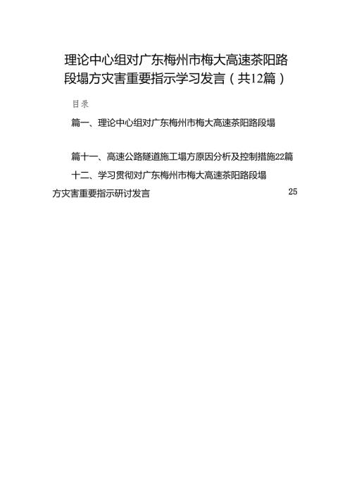 理论中心组对广东梅州市梅大高速茶阳路段塌方灾害重要指示学习发言12篇供参考.docx