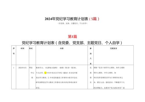 某支部2024年党纪学习教育个人学习计划安排表格合集资料.docx