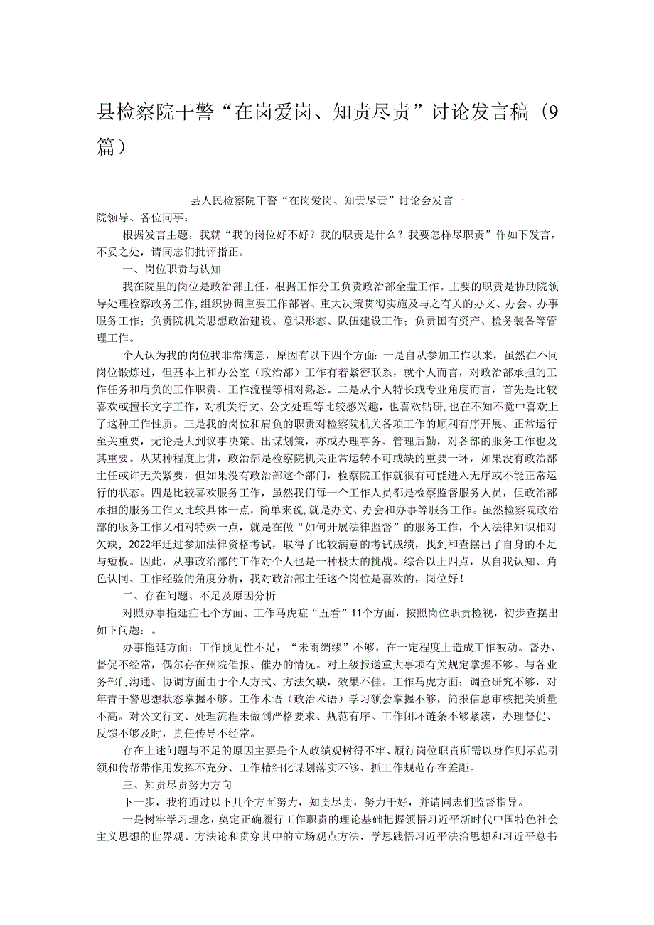 县检察院干警“在岗爱岗、知责尽责”讨论发言稿（9篇）.docx_第1页