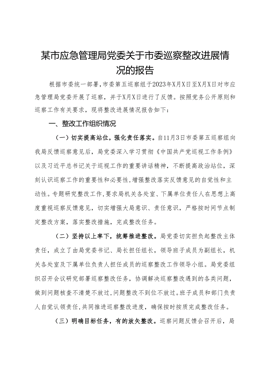 某市应急管理局党委关于市委巡察整改进展情况的报告(1).docx_第1页