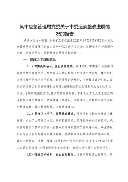 某市应急管理局党委关于市委巡察整改进展情况的报告(1).docx