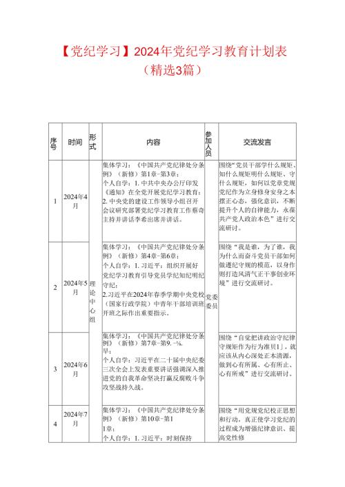 【党纪学习】2024年党纪学习教育计划表.docx