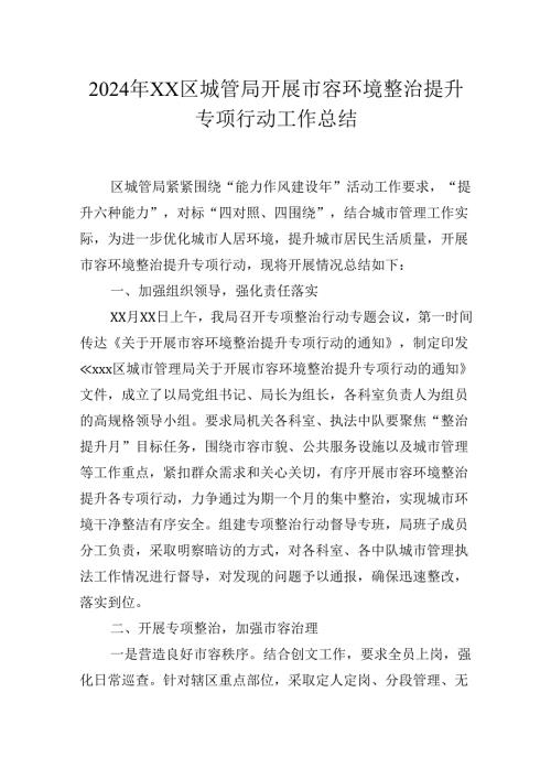 2024年XX区城管局开展市容环境整治提升专项行动工作总结.docx