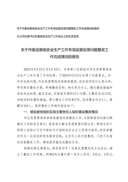 2篇 市委巡察组安全生产工作专项巡察反馈问题整改工作完成情况的报告+纪委书记在集团安全生产工作会议上的交流发言.docx