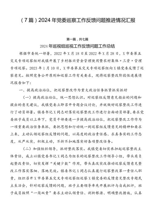（7篇）2024年党委巡察工作反馈问题推进情况汇报.docx