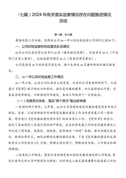 （七篇）2024年有关落实巡察情况存在问题推进情况总结.docx