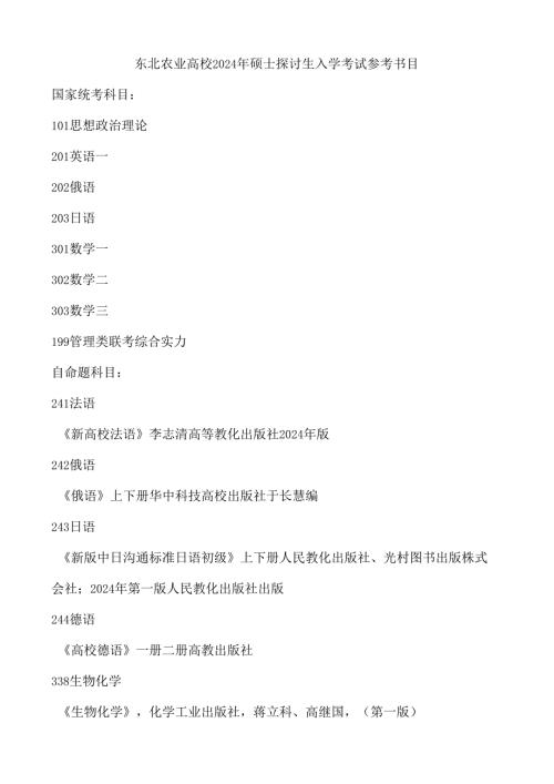 东北农业大学2024年硕士研究生入学考试参书目.docx
