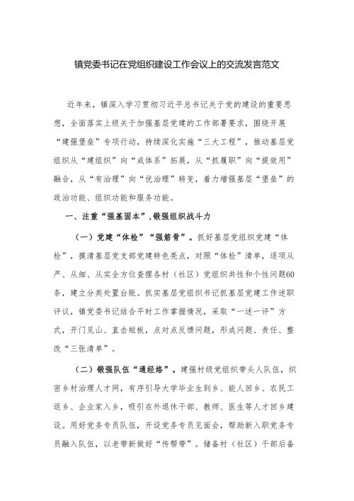 镇党委书记在党组织建设工作会议上的交流发言范文.docx