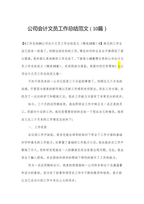 公司会计文员工作总结范文（10篇）.docx