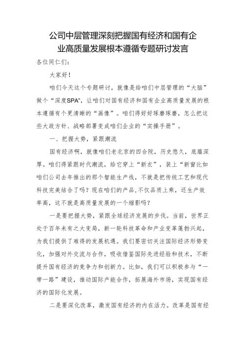 公司中层管理深刻把握国有经济和国有企业高质量发展根本遵循专题研讨发言.docx