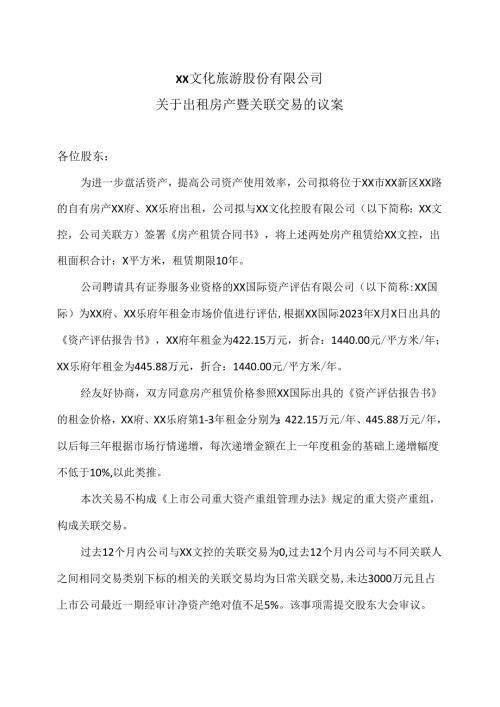 XX文化旅游股份有限公司关于出租房产暨关联交易的议案（2024年）.docx