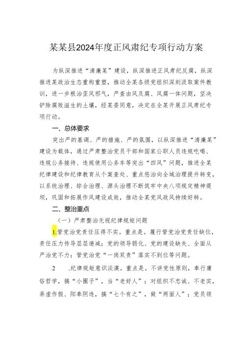某某县2024正风肃纪专项行动方案.docx