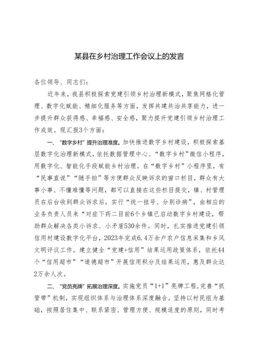 2024年县在乡村治理工作会议上的发言.docx