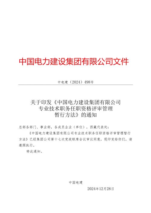中电建〔2024〕498号关于印发《中国电力建设集团有限公司专业技术职务任职资格评审管理暂行办法》报告.docx