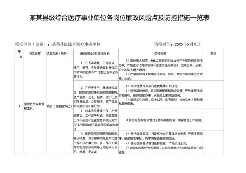 某某县级综合医疗事业单位（医院）各岗位廉政风险点及防控措施一览表.docx