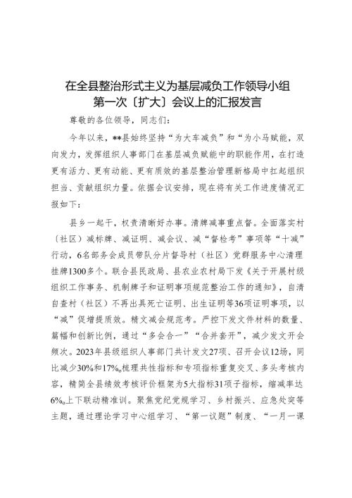 在全县整治形式主义为基层减负工作领导小组第一次（扩大）会议上的汇报发言(1).docx