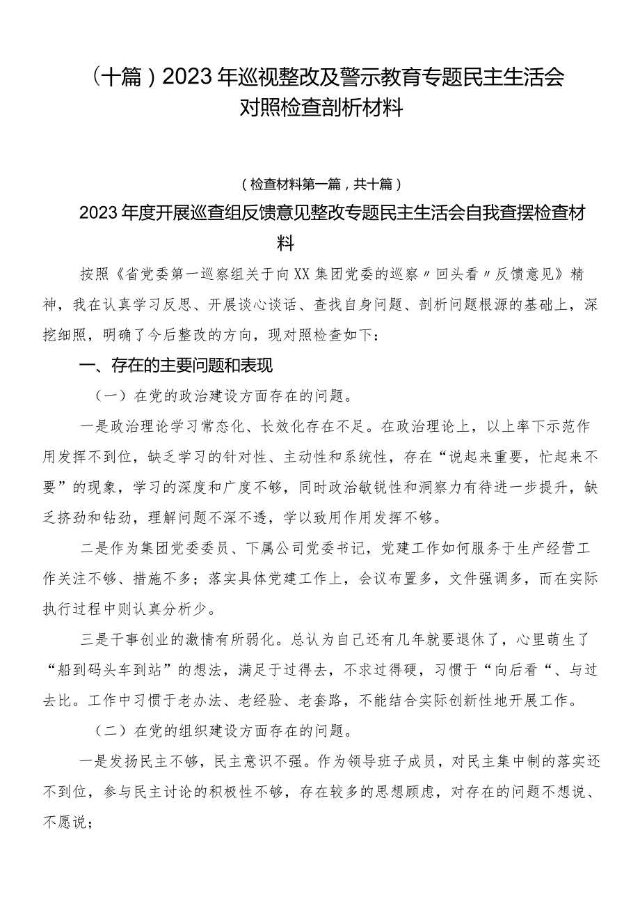 （十篇）2023年巡视整改及警示教育专题民主生活会对照检查剖析材料.docx_第1页