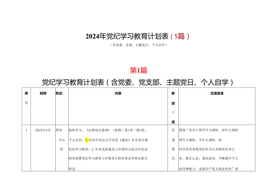 2024年党纪学习教育学习计划安排表（4月7月）(五篇合集）.docx_第1页