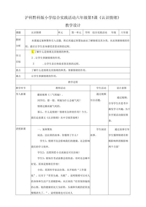 沪科黔科版（贵州上海版）小学综合实践活动六年级上册第1课认识情绪教案教学设计.docx