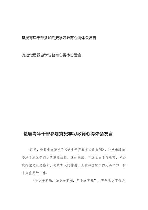 基层青年干部参加党史学习教育心得体会发言和流动党员党史学习教育心得体会发言.docx