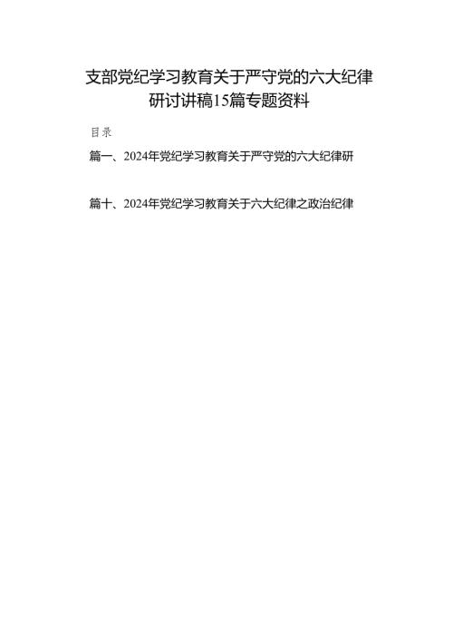 支部党纪学习教育关于严守党的六大纪律研讨讲稿15篇专题资料.docx