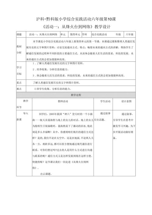 沪科黔科版（贵州上海版）小学综合实践活动六年级上册第10课从烽火台到网络教案教学设计.docx
