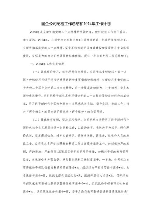国企公司纪检工作总结和2024年工作计划.docx