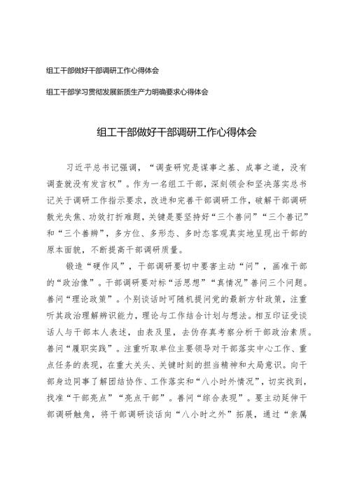 （2篇）组工干部做好干部调研工作心得体会学习发展新质生产力明确要求心得体会.docx