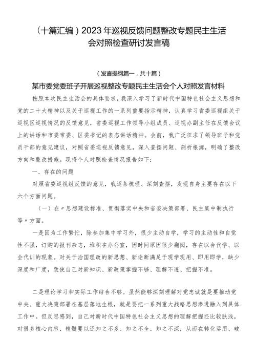 （十篇汇编）2023年巡视反馈问题整改专题民主生活会对照检查研讨发言稿.docx