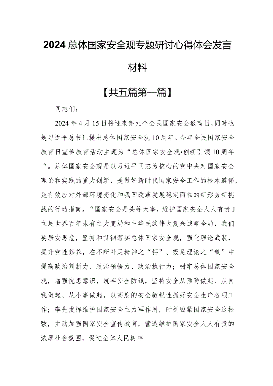 （5篇）2024总体国家安全观专题研讨心得体会发言材料.docx_第1页