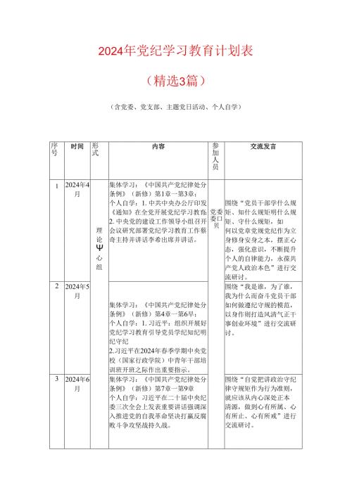 2024年党纪学习教育计划表（精选3篇）.docx