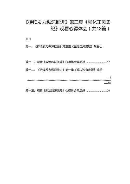 《持续发力纵深推进》第三集《强化正风肃纪》观看心得体会范文13篇供参考.docx