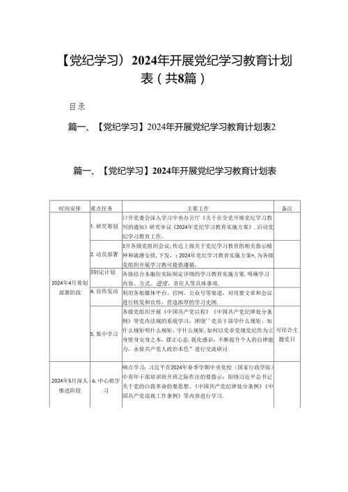 【党纪学习】2024年开展党纪学习教育计划表8篇供参考.docx