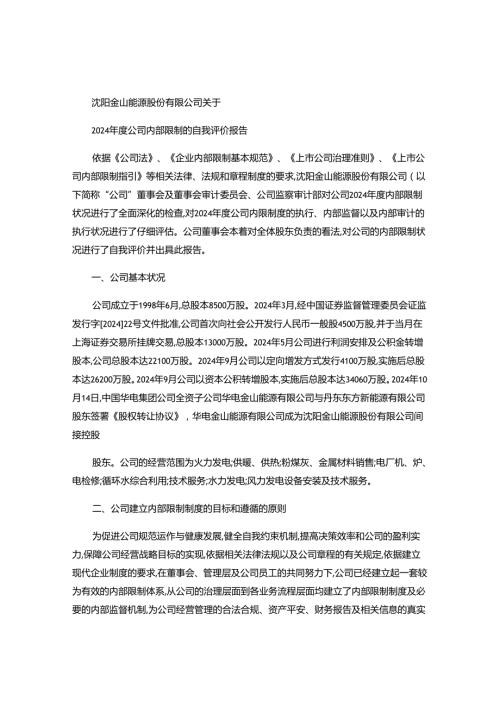 沈阳金山能源股份有限公司关于2024公司内部控制的自我评概要.docx