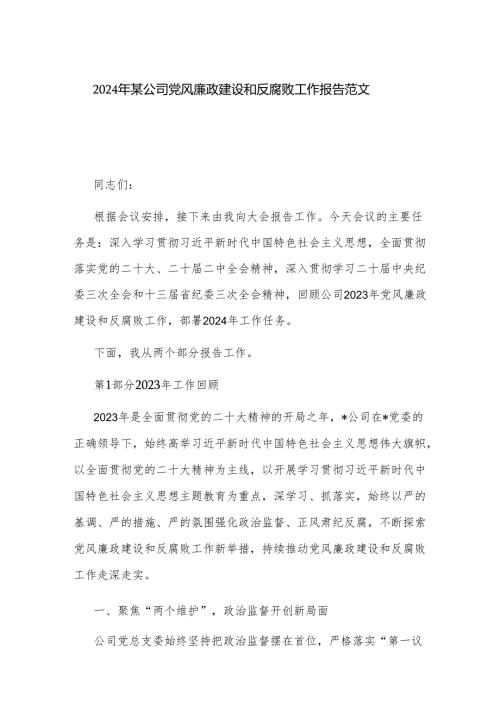 2024年某公司党风廉政建设和反腐败工作报告范文.docx
