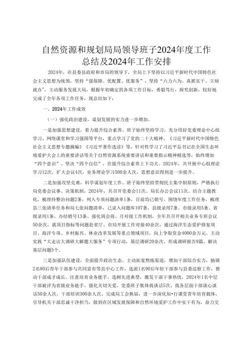 自然资源和规划局局领导班子2024工作总结及2024年工作计划.docx