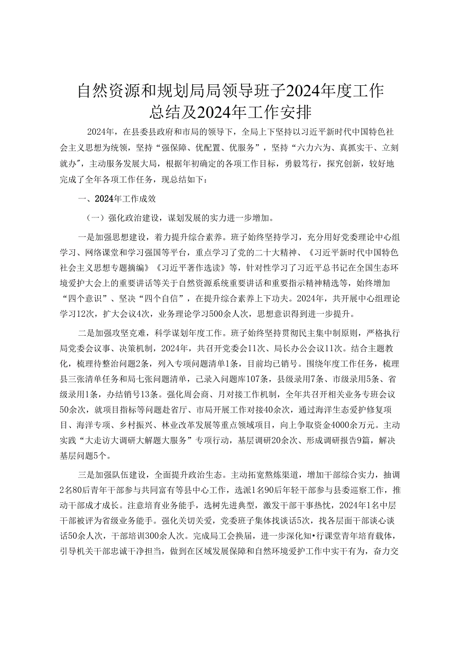 自然资源和规划局局领导班子2024工作总结及2024年工作计划.docx_第1页