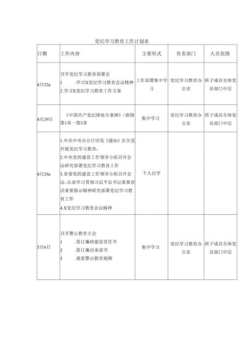 党支部党纪学习教育工作计划安排表日历表表格.docx