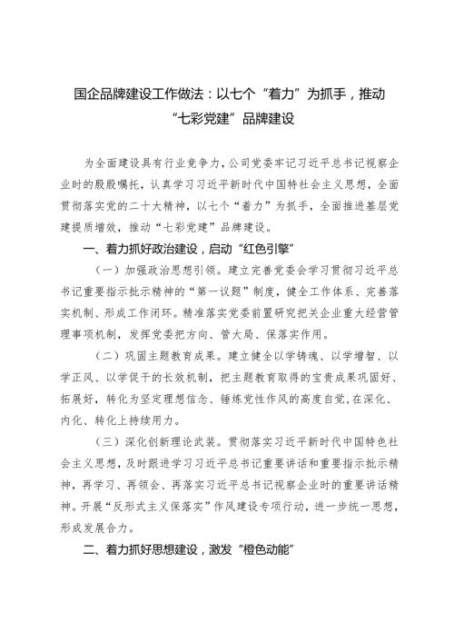 2024年国企品牌建设工作做法：以七个“着力”为抓手推动“七彩党建”品牌建设.docx