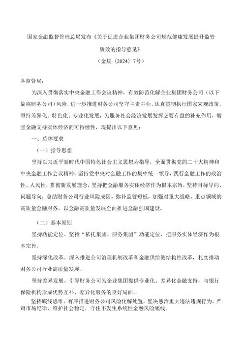 关于促进企业集团财务公司规范健康发展提升监管质效的指导意见.docx