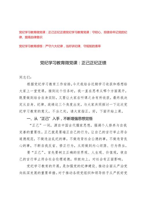 【党纪学习教育微党课】守初心、担使命牢记党的纪律、提高自律意识、正己正纪正绩、当好讲纪律、严守六大纪律守规矩的表率3篇.docx