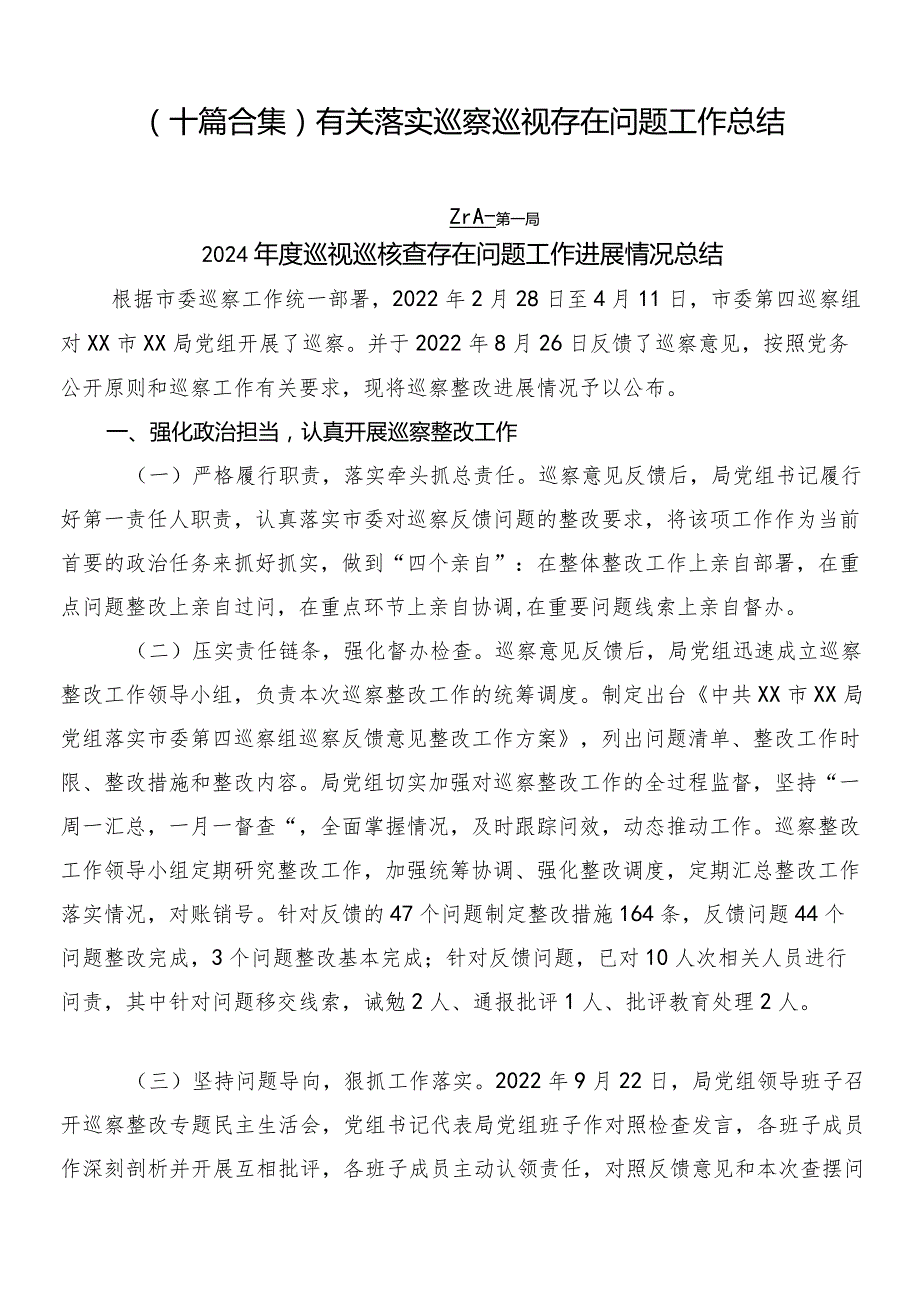 （十篇合集）有关落实巡察巡视存在问题工作总结.docx_第1页