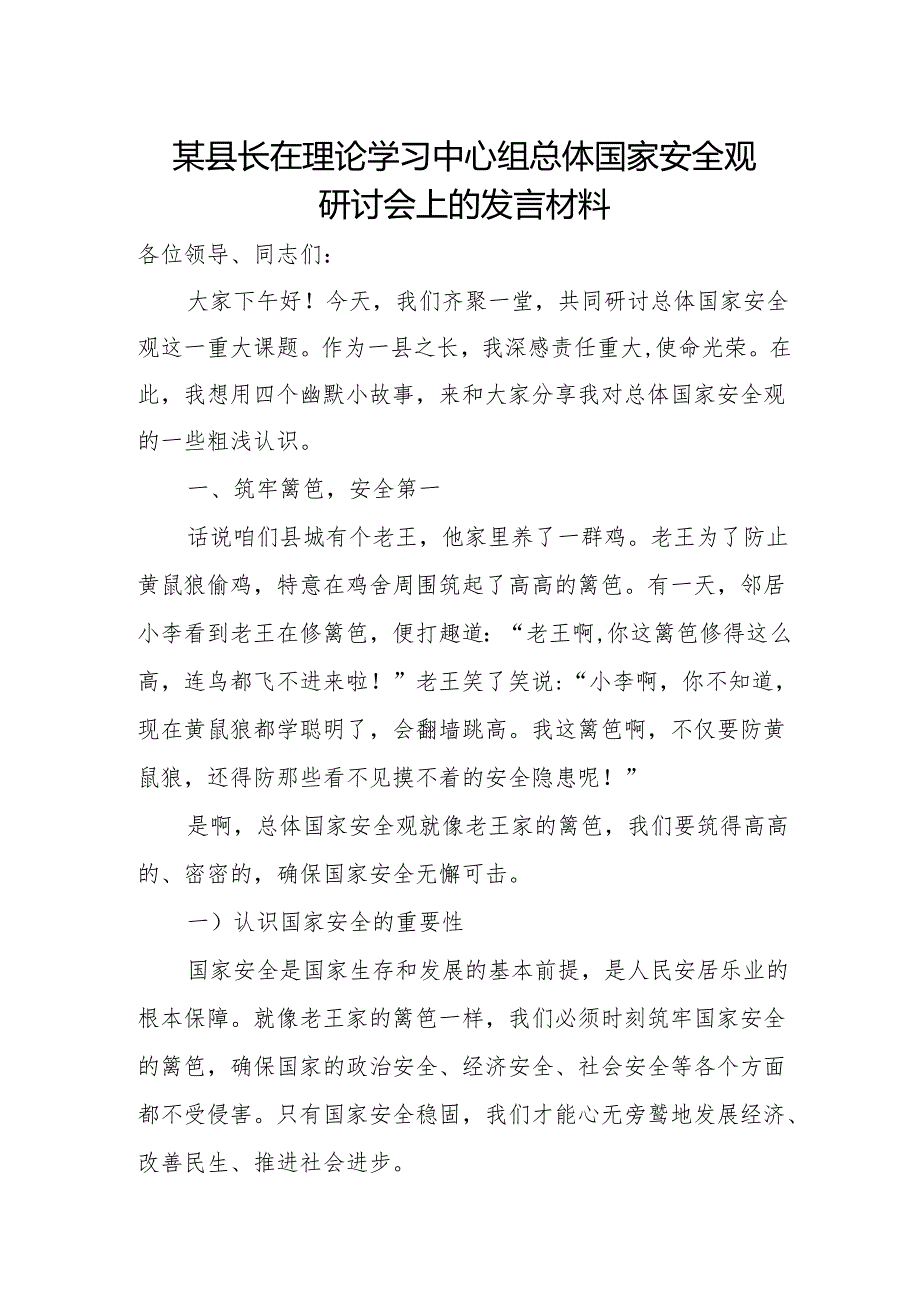 某县长在理论学习中心组总体国家安全观研讨会上的发言材料.docx_第1页