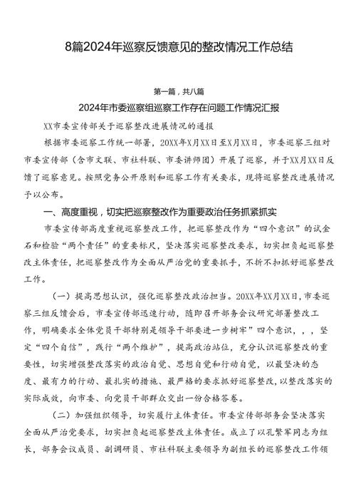 8篇2024年巡察反馈意见的整改情况工作总结.docx