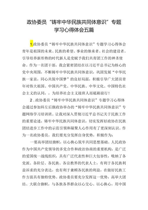 政协委员“铸牢中华民族共同体意识”专题学习心得体会五篇.docx