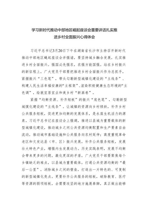 学习新时代推动中部地区崛起座谈会重要讲话扎实推进乡村全面振兴心得体会5篇（详细版）.docx