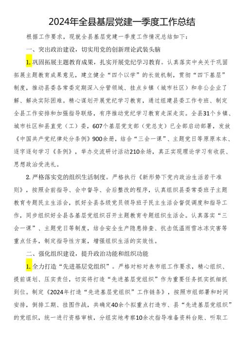 2024年全县基层党建一季度工作总结.docx