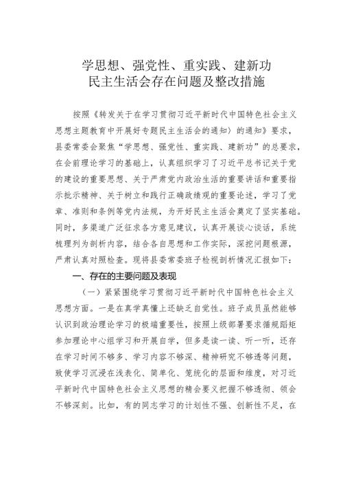 学思想、强党性、重实践、建新功民主生活会存在问题及整改措施.docx