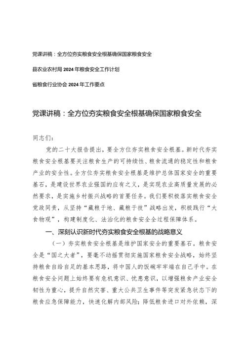 （3篇）2024年党课讲稿：全方位夯实粮食安全根基确保国家粮食安全粮食安全工作计划工作要点.docx