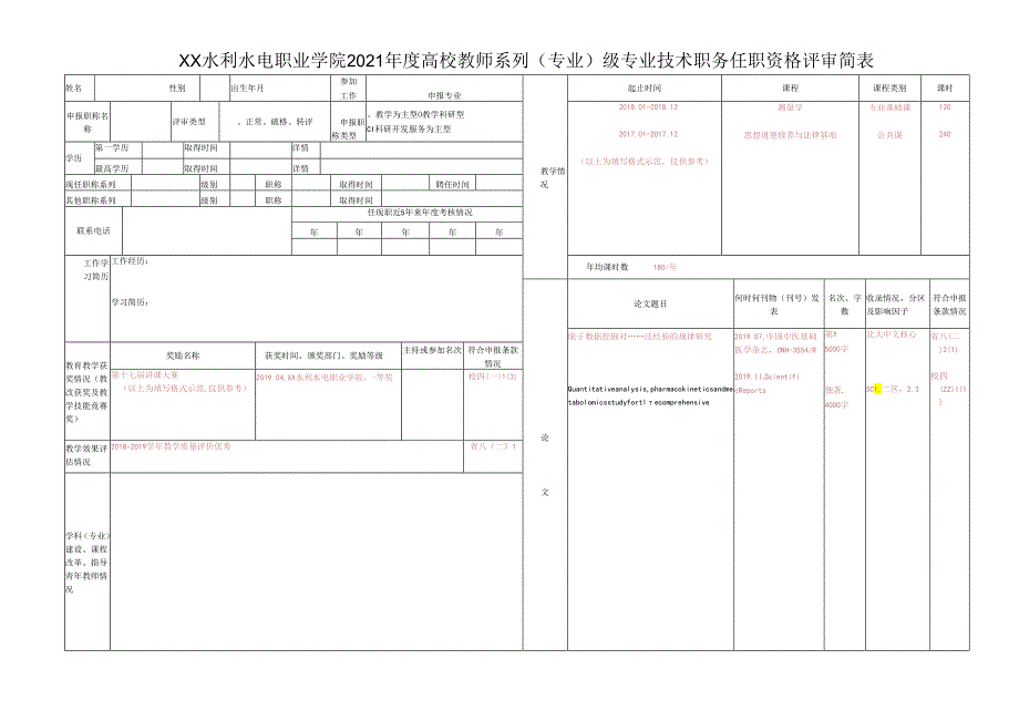 XX水利水电职业学院2021高校教师系列（专业）X级专业技术职务任职资格评审简表（2024年）.docx_第1页